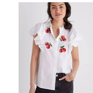 Dhruv Kapoor Anthropologie White Button Down Shirt with Cherry Embroidery Sequin